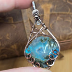 Moss Agate + Aurora Opal Triplet Shell Pendant – Carved Scallop in Antiqued Copper