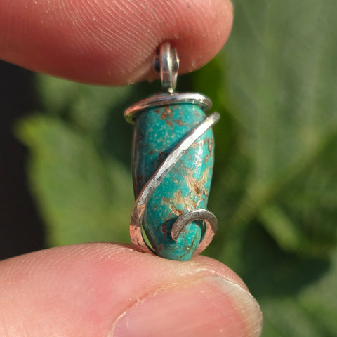 Bright Blue-Green Turquoise Pendant – Sterling Silver Forged Embrace