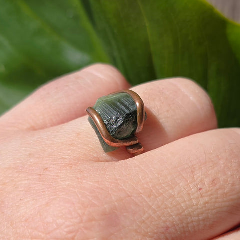 Raw Green Tourmaline Crystal Ring in Copper Ring Sz 10