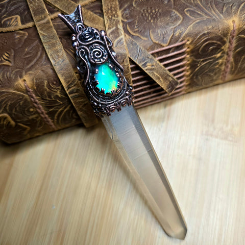 Aurora Opal Copper Wand Wire Wrap Pendant – Large 5" Quartz Crystal for Ritual, Healing or Display