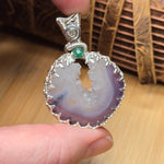 Purple Banded Agate Geode Pendant – Sterling Silver with Emerald Accent - Rock Your World 