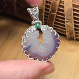 Purple Banded Agate Geode Pendant – Sterling Silver with Emerald Accent - Rock Your World 