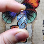 Carved Blue Aquamarine Leaf Wire Wrapped Pendant in 14kt Rose Gold Fill