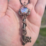 Skeleton Key with Rainbow Heart Aurora Opal Doublet Wire Wrapped Pendant