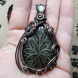 Large Carved Green Gold Orange Labradorite Flower and Austrailian Opal in Copper