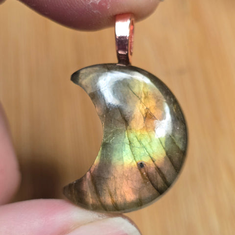 Labradorite Moon Pendant – Golden Aurora Glow Rose Gold Tone