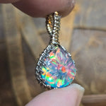 Aurora Opal Pendant Carved Flower Rainbow Flash - Sterling Silver Gold Fill