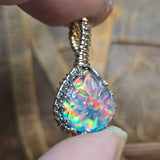 Aurora Opal Pendant Carved Flower Rainbow Flash - Sterling Silver Gold Fill