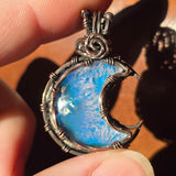 Marcasite Agate + Aurora Opal Moon Pendant – Frost Moon in Copper