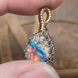 Aurora Opal Pendant Carved Flower Rainbow Flash - Sterling Silver Gold Fill