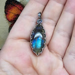 Rutilated Quartz on Labradorite in Antiqued Sterling Silver Pendant Necklace