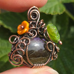 Purple Labradorite Wire Wrapped Pumpkin Pendant - Antiqued Copper Czech Glass