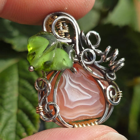 Swazi Rose Agate Pumpkin Pendant - Sterling Silver 14kt Gold Fill Czech Glass