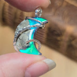 Marcasite Plume Agate Moon Pendant – Sterling Silver + Green Aurora Opal