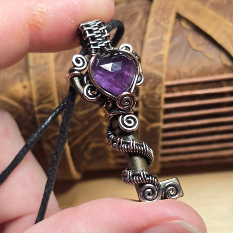 Amethyst Heart Key Pendant – Rose Cut Gem Wire Wrap Design