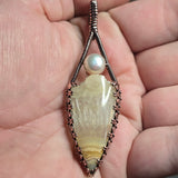 Crazy Lace Agate Pendant Real Pearl - Copper Wire Wrap