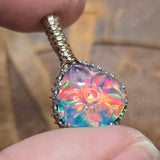 Aurora Opal Pendant Carved Flower Rainbow Flash - Sterling Silver Gold Fill