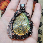 Large Carved Green Gold Orange Labradorite Flower and Austrailian Opal in Copper