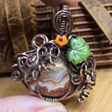 Crazy Lace Agate Pumpkin Pendant – Copper Vine + Czech Glass Leaf