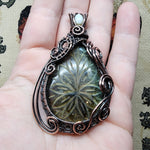 Large Carved Green Gold Orange Labradorite Flower and Austrailian Opal in Copper