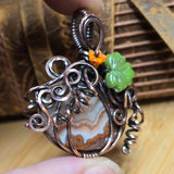 Crazy Lace Agate Pumpkin Pendant – Copper Vine + Czech Glass Leaf