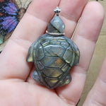 Carved Blue Green Gold Labradorite Sea Turtle Pendant in Sterling Silver