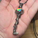 Skeleton Key with Rose Cut Heart Aurora Opal Doublet Wire Wrapped Pendant