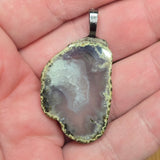 Lavender Gray Agate Slice Pendant - Minimal Steel Tone Bail