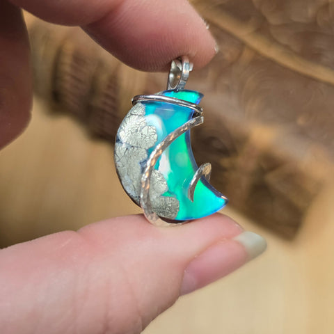Marcasite Agate Moon – Sterling Silver + Green Blue Aurora Opal