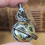 Marcasite Moon Pendant Celestial Wire Wrap - Sterling Silver with Hematite Star