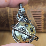 Marcasite Moon Pendant Celestial Wire Wrap - Sterling Silver with Hematite Star