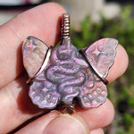 Purple Labradorite Wirewrapped Copper Pendant - Snake Butterfly Carved Wings