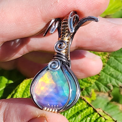 Aurora Opal Onion Pendant – Sterling Silver + 14kt Gold Fill