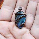 Carved Blue Flower Blossom Labradorite Pendant Necklace in Copper