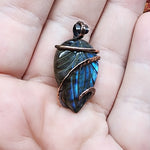 Carved Blue Flower Blossom Labradorite Pendant Necklace in Copper