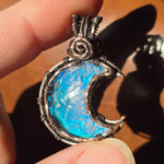 Marcasite Agate + Aurora Opal Moon Pendant – Frost Moon in Copper