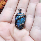 Carved Blue Flower Blossom Labradorite Pendant Necklace in Copper