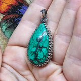 Malachite Plume Pendant in Antiqued Sterling Silver