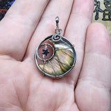Pink Purple Gold Labradorite Crescent Moon Pendant with Rose Quartz and Hematite