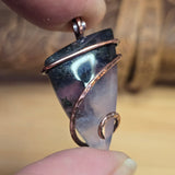Purple Agate Pendant with Metallic Green Moss - Hammered Copper Necklace