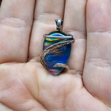 Large Rainbow Aurora Opal Pendant In Hammered Sterling Silver