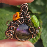 Purple Labradorite Wire Wrapped Pumpkin Pendant - Antiqued Copper Czech Glass
