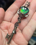 Dark Flash Aurora Opal Key Pendant - Copper Wirewrap Skeleton Key