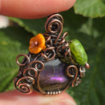 Purple Labradorite Wire Wrapped Pumpkin Pendant - Antiqued Copper Czech Glass
