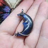 Carved Face Blue Labradorite Crescent Moon Pendant - Sterling Silver with Rose Gold Accent