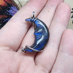 Carved Face Blue Labradorite Crescent Moon Pendant - Sterling Silver with Rose Gold Accent