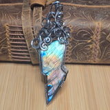 Lightning Bolt Labradorite Pendant - Rainbow Flash Oxidized Sterling Silver