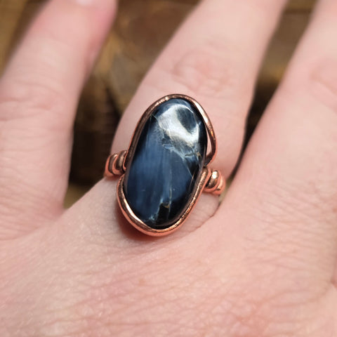 Pietersite Copper Ring sz Size 9.5 – Stormy Blue Fibrous Chatoyance