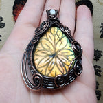 Large Carved Green Gold Orange Labradorite Flower and Austrailian Opal in Copper