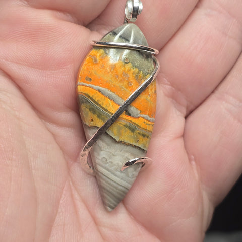 Rare Fiery Yellow Bumblebee Jasper (Travertine) Pendant – Sterling Silver Tension Wrap
